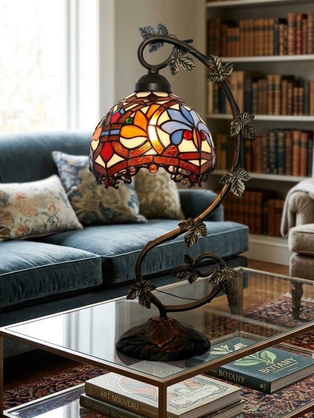 Tiffany Style Yellow Phoenix Handmade Stained Glass Lamp 21" High